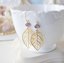 Load image into Gallery viewer, Amethyst Purple Crystal Gold Filigree Leaf Earrings
