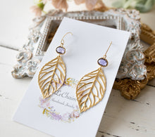 Load image into Gallery viewer, Amethyst Purple Crystal Gold Filigree Leaf Earrings
