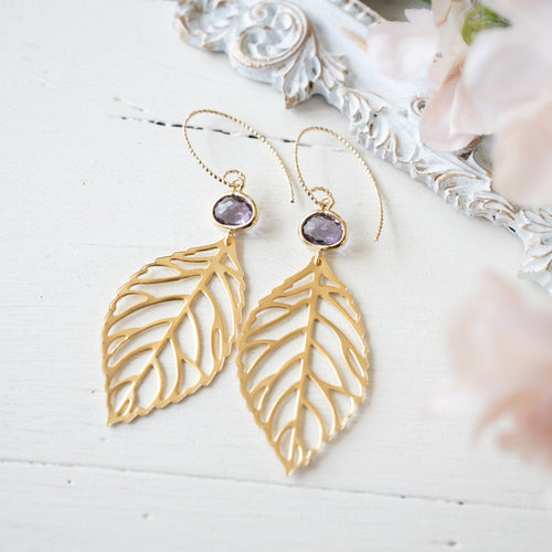 purple crystal and gold leaf earrings