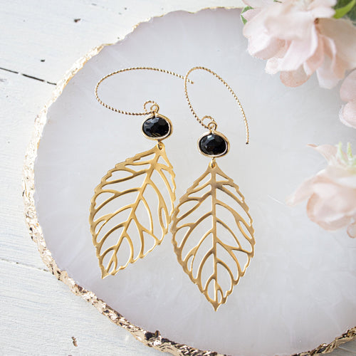 black onyx crystal gold filigree leaf earrings