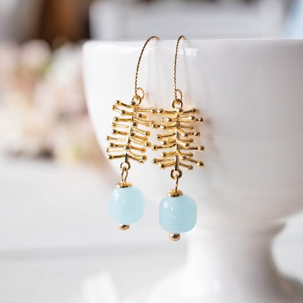 18K Gold Sea Anemone Blue Glass Earrings