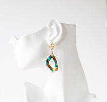 Load image into Gallery viewer, Tortoise Shell Earrings, Gold Flower Post Earrings, Acetate earrings, Green Blue Red Acrylic Resin Earrings, Tortoise Shell Jewelry
