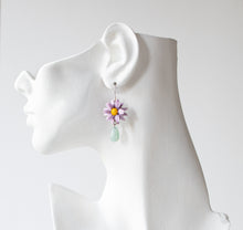 Load image into Gallery viewer, Purple Flower Earrings, Daisy Earrings with Mint Green Jade teardrop Stones, Sunflower Earrings, Asteraceae, Aster Earrings, Summer Jewelry
