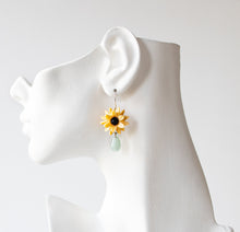 Load image into Gallery viewer, Yellow Daisy Flower Earrings with Mint Green Jade teardrop Stones, Sunflower Earrings, Asteraceae Earrings, Aster Earrings, Summer Jewelry
