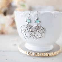 Load image into Gallery viewer, mint blue crystal silver ornate filigree dangle earrings
