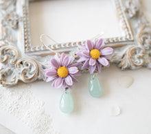 Load image into Gallery viewer, Purple Flower Earrings, Daisy Earrings with Mint Green Jade teardrop Stones, Sunflower Earrings, Asteraceae, Aster Earrings, Summer Jewelry
