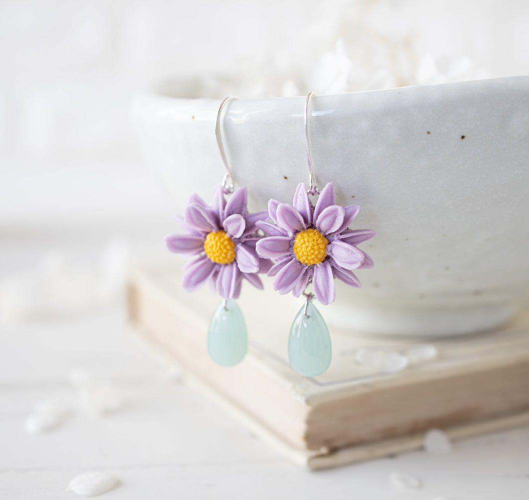 Purple Flower Earrings, Daisy Earrings with Mint Green Jade teardrop Stones, Sunflower Earrings, Asteraceae, Aster Earrings, Summer Jewelry