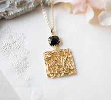 Load image into Gallery viewer, Black Crystal Textured Gold Square Pendant Necklace and Earrings Set
