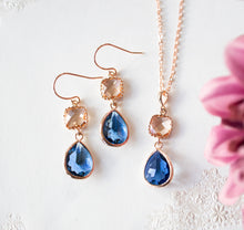 Load image into Gallery viewer, Rose Gold Navy Blue Earrings and Necklace Set, Peach Champagne Sapphire Blue Dangle Earrings Pendant Necklace, Rose Gold Navy Blue Wedding
