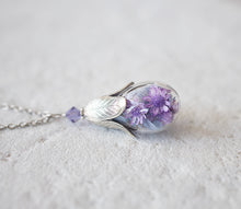 Load image into Gallery viewer, Lavender Purple Real Flower Silver Necklace, Terrarium Necklace, February Birthstone Amethyst Jewelry, Birthday Birthday Gift for Women Girl
