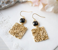 Load image into Gallery viewer, Black Crystal Textured Gold Square Pendant Necklace and Earrings Set
