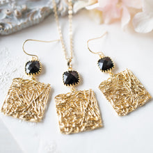 Load image into Gallery viewer, black crystal gold square pendant necklace earrings set

