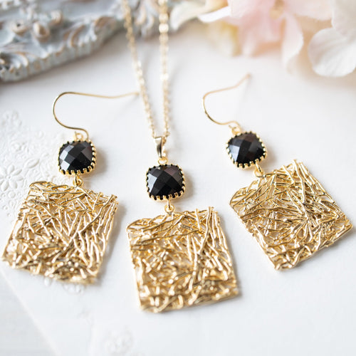 black crystal gold square pendant necklace earrings set