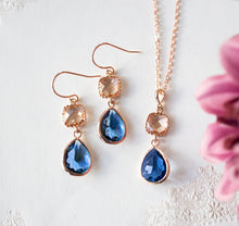 Load image into Gallery viewer, Rose Gold Navy Blue Earrings and Necklace Set, Peach Champagne Sapphire Blue Dangle Earrings Pendant Necklace, Rose Gold Navy Blue Wedding
