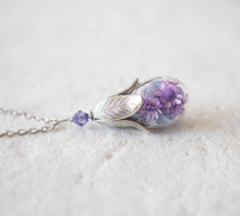 Load image into Gallery viewer, Lavender Purple Real Flower Silver Necklace, Terrarium Necklace, February Birthstone Amethyst Jewelry, Birthday Birthday Gift for Women Girl
