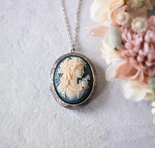Load image into Gallery viewer, Azure Blue Ivory Cameo Locket Necklace with Photos, Antiqued Silver Oval Locket Cadet Blue Ivory Lady Cameo Necklace, Christmas Gift for Her
