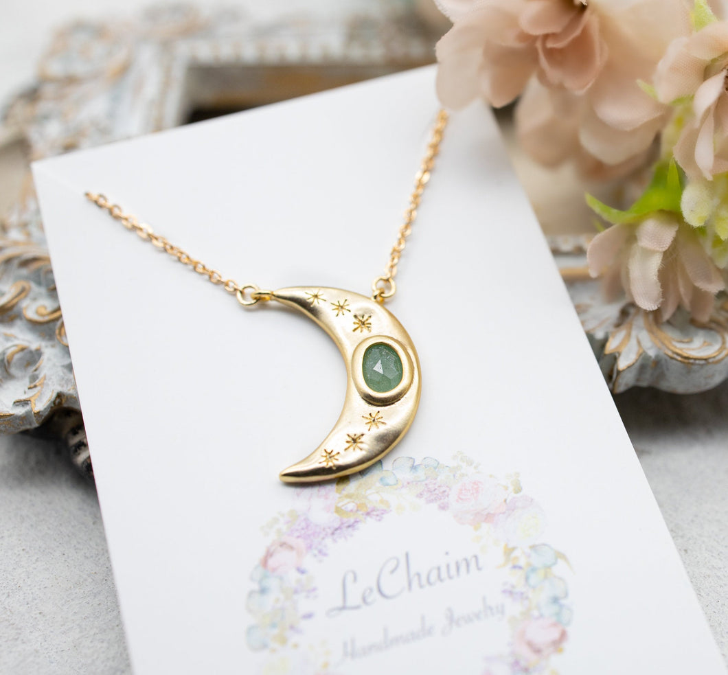 Green Aventurine Crescent Moon Necklace, Gold Moon Pendant Necklace, Moon Jewelry, Green Aventurine Necklace, Gift for Wife Girlfriend Mom