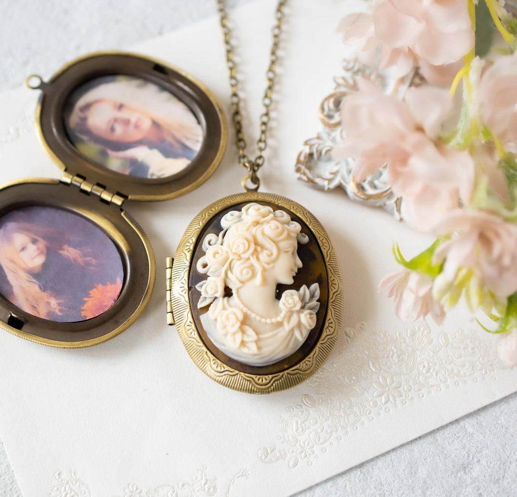 Brown Ivory Lady Cameo Locket Necklace, Antiqued Gold Oval Photo Locket, Classic Roman Women Cameo Jewelry, Gift for Mom Gift for Grandma