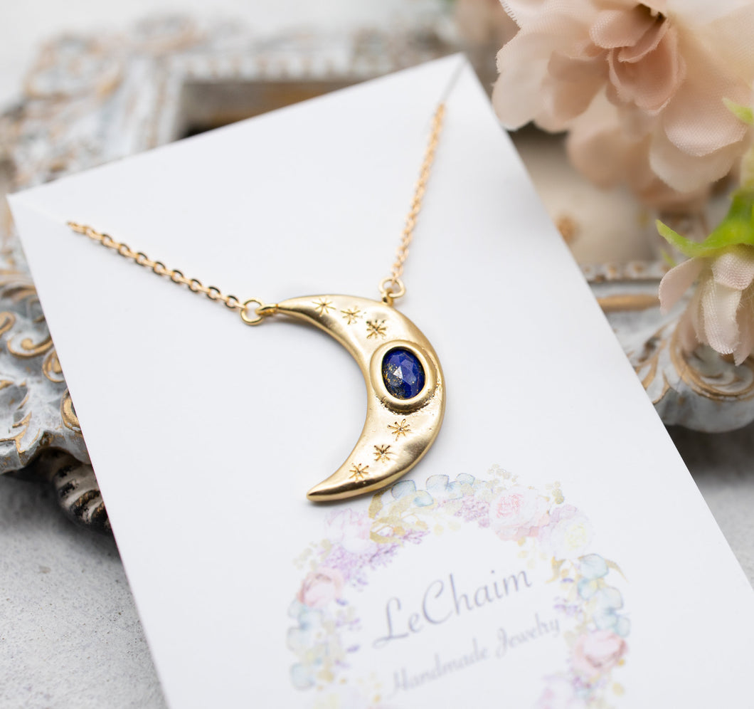 Lapis Lazuli Crescent Moon Necklace, Gold Moon with Natural Lapis Lazuli Pendant Necklace, Moon Jewelry, Bohemian Necklace, Gift for Her