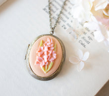 Load image into Gallery viewer, Pink Gladiolus Flower Cameo Locket Necklace, Personalized Photo Locket Necklace, Large Oval Brass Locket, Gift for Wife Girlfriend Mom
