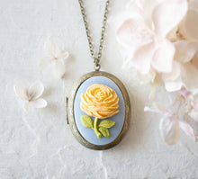 Load image into Gallery viewer, Locket Necklace, Yellow Rose Cameo Photo Locket Necklace, Yellow Blue peony Large Oval Locket,  Personalized Gift Her for Mom Daughter Wife
