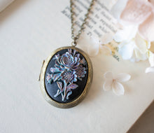 Load image into Gallery viewer, Purple Blue Flower Cameo Locket Necklace, Personalized Photo Locket Necklace, Large Oval Locket,  Birthday Gift for Mom Daughter Wife Sister
