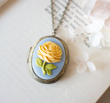 Load image into Gallery viewer, Locket Necklace, Yellow Rose Cameo Photo Locket Necklace, Yellow Blue peony Large Oval Locket,  Personalized Gift Her for Mom Daughter Wife
