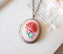 Load image into Gallery viewer, Red Rose Locket Necklace, Rose Cameo Photo Locket Necklace, Red Pink peony Large Oval Locket, Personalized Gift Her for Mom Daughter Wife
