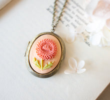 Load image into Gallery viewer, Floral Locket Necklace, Pink Red Chrysanthemum Necklace, Mum Flower Cameo Locket, Personalized Photo Locket, Gift for Her, Gift for Women
