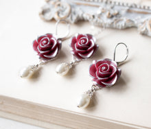 Load image into Gallery viewer, Dark Red Burgundy Rose Flower Cream White Pearl Silver Necklace Earrings Set, Burgundy Maroon Wedding Bridal Jewelry, Bridesmaids Gift
