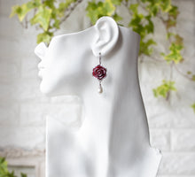 Load image into Gallery viewer, Dark Red Burgundy Rose Flower Cream White Pearl Silver Necklace Earrings Set, Burgundy Maroon Wedding Bridal Jewelry, Bridesmaids Gift
