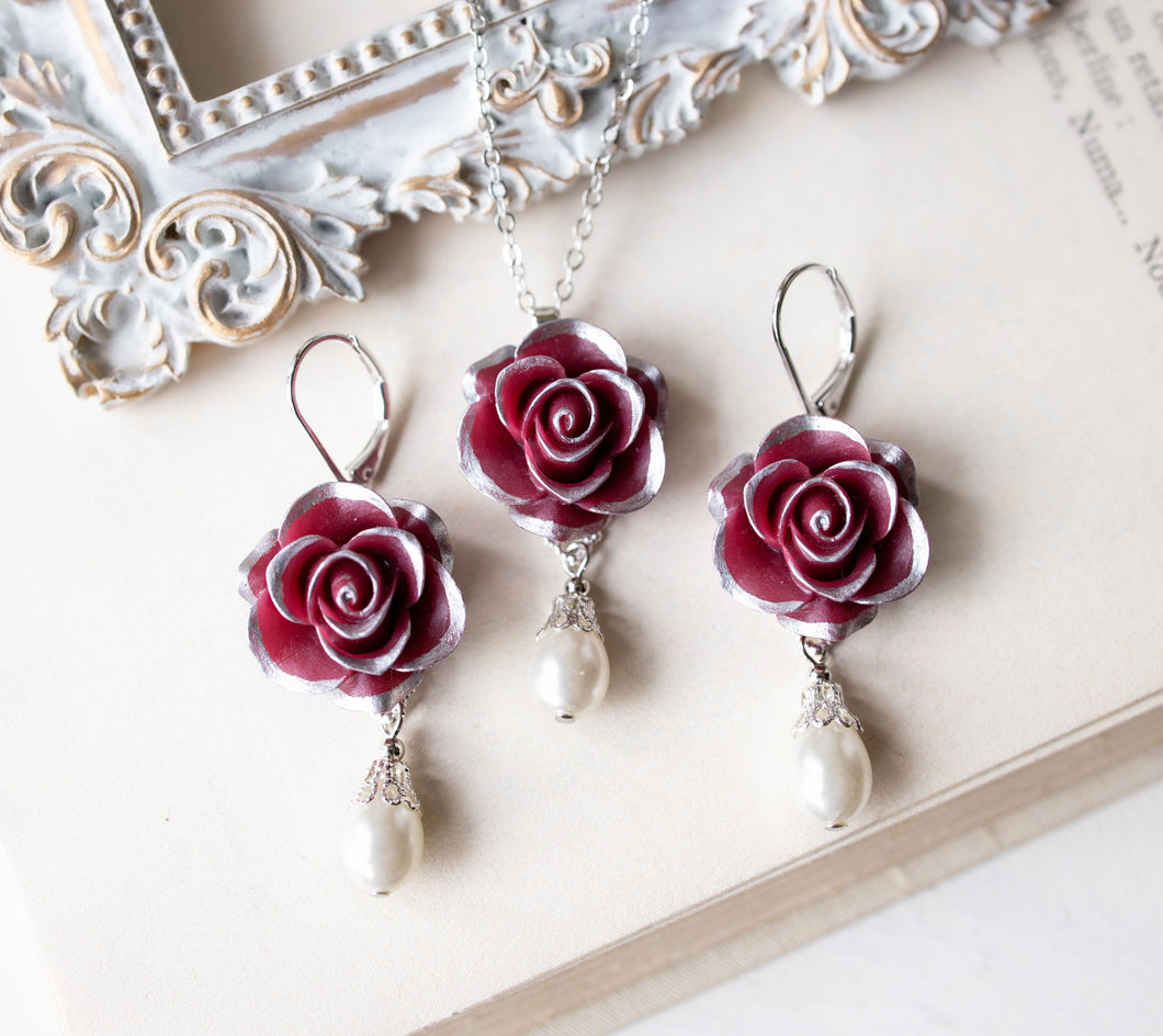 Dark Red Burgundy Rose Flower Cream White Pearl Silver Necklace Earrings Set, Burgundy Maroon Wedding Bridal Jewelry, Bridesmaids Gift