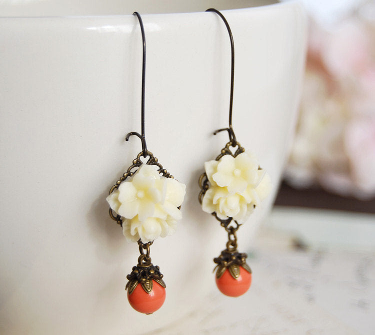 Ivory Flower Swarovski Orange Coral Pearls Earrings Cream Flower Dangle Earrings Vintage Style Coral Wedding Bridesmaid Earrings