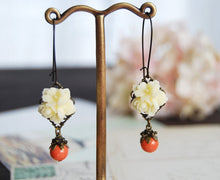 Load image into Gallery viewer, Ivory Flower Swarovski Orange Coral Pearls Earrings Cream Flower Dangle Earrings Vintage Style Coral Wedding Bridesmaid Earrings
