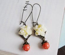 Load image into Gallery viewer, Ivory Flower Swarovski Orange Coral Pearls Earrings Cream Flower Dangle Earrings Vintage Style Coral Wedding Bridesmaid Earrings
