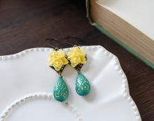 Load image into Gallery viewer, Yellow and Turquoise Green Dangle Earrings Yellow Flower Gold Etched Teal Green Lucite Teardrop Earrings Vintage Style Bridesmaids Gift
