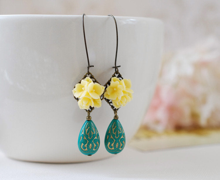 Yellow and Turquoise Green Dangle Earrings Yellow Flower Gold Etched Teal Green Lucite Teardrop Earrings Vintage Style Bridesmaids Gift