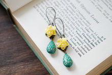 Load image into Gallery viewer, Yellow and Turquoise Green Dangle Earrings Yellow Flower Gold Etched Teal Green Lucite Teardrop Earrings Vintage Style Bridesmaids Gift
