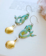 Load image into Gallery viewer, Mermaid Earrings. Patina Verdigris Mermaid Earrings, Gold Seashell Earrings, Mermaid Jewelry, Beach Wedding Jewelry, Long Statement Earrings
