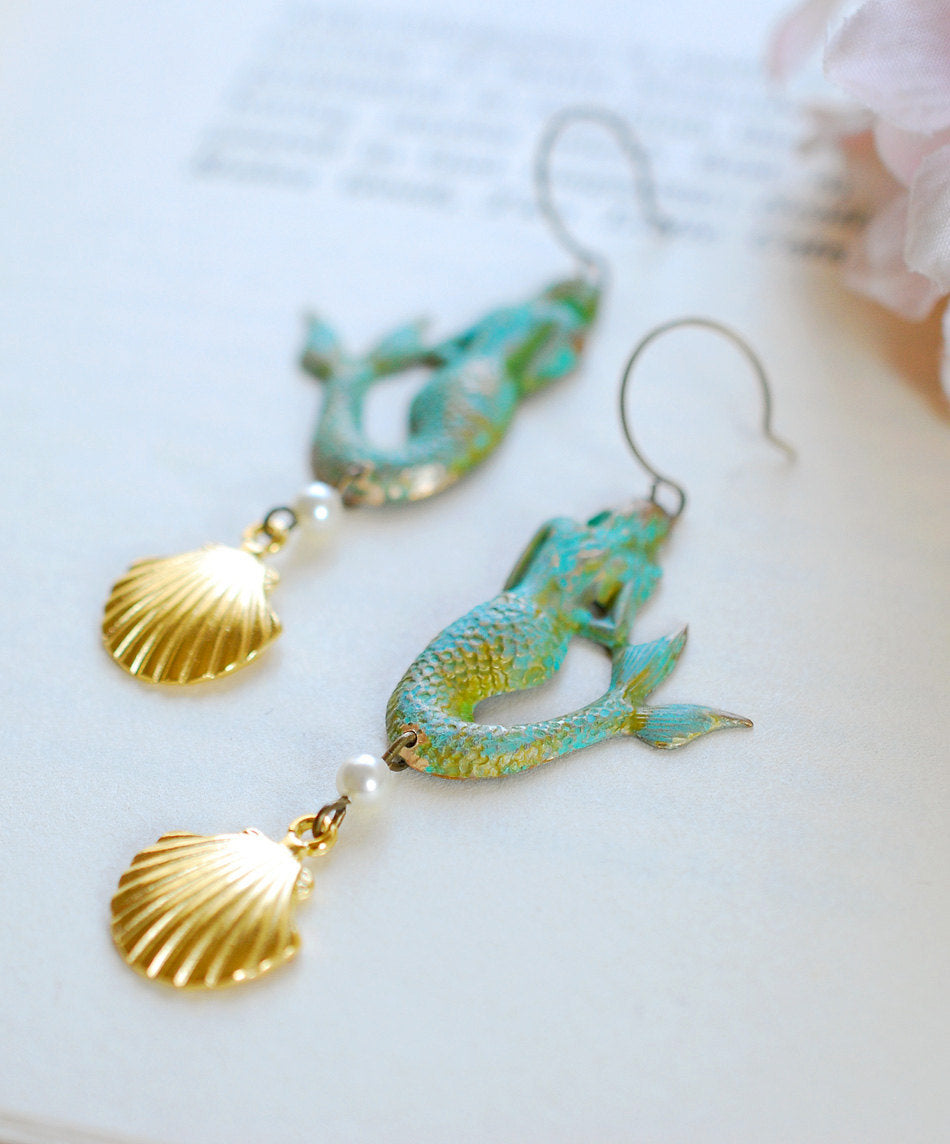 Mermaid Earrings. Patina Verdigris Mermaid Earrings, Gold Seashell Earrings, Mermaid Jewelry, Beach Wedding Jewelry, Long Statement Earrings