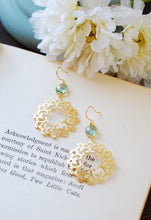 Load image into Gallery viewer, Aquamarine Blue Crystal Gold Circle Filigree Earrings
