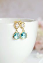 Load image into Gallery viewer, Aquamarine Blue Crystal Clear Cubic Zirconia Gold Post Earrings
