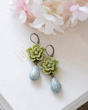 Load image into Gallery viewer, Sage Green Flower Dusky Blue Dangle Earrings Cherry Blossoms Powder Blue Drop Earrings Wedding Earrings Bridesmaid Gift Leverback Earrings

