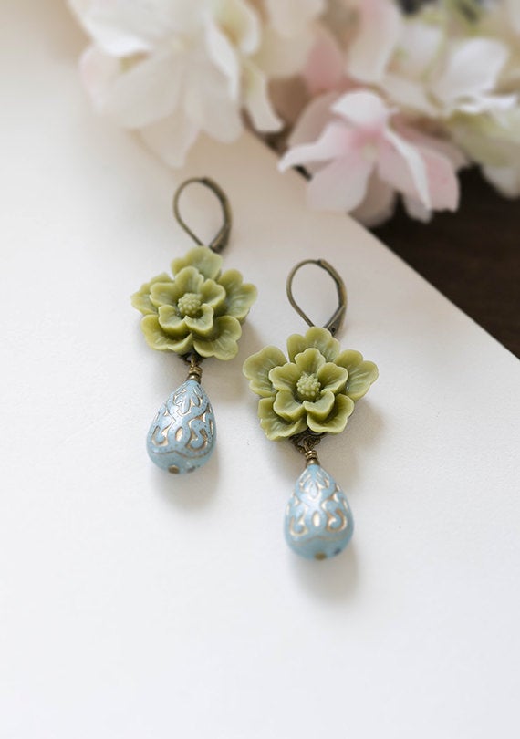 Sage Green Flower Dusky Blue Dangle Earrings Cherry Blossoms Powder Blue Drop Earrings Wedding Earrings Bridesmaid Gift Leverback Earrings