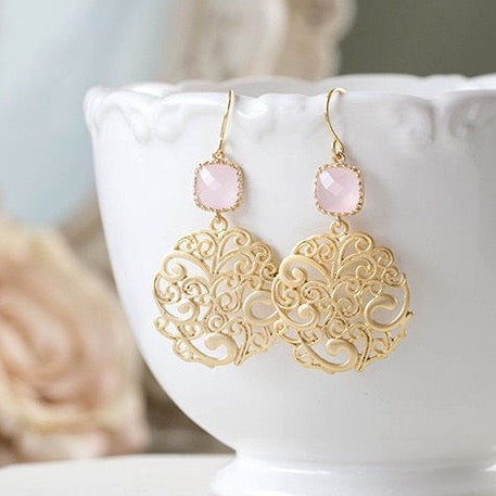 blush pink gold circle ornate filigree earrings