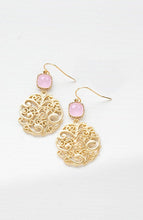 Load image into Gallery viewer, Blush Pink Crystal Gold Circle Ornate Filigree Pendant Earrings
