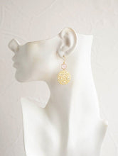 Load image into Gallery viewer, Blush Pink Crystal Gold Circle Ornate Filigree Pendant Earrings
