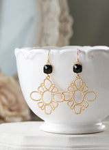Load image into Gallery viewer, Black and Gold Earrings Jet Black Glass Gold Filigree Dangle Earrings Chandelier Earrings Black and Gold Wedding Jewelry Bohemian Boho Chic
