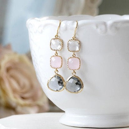 blush pink grey and clear crystals earrings