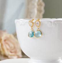 Load image into Gallery viewer, Aquamarine Blue Crystal Clear Cubic Zirconia Gold Post Earrings
